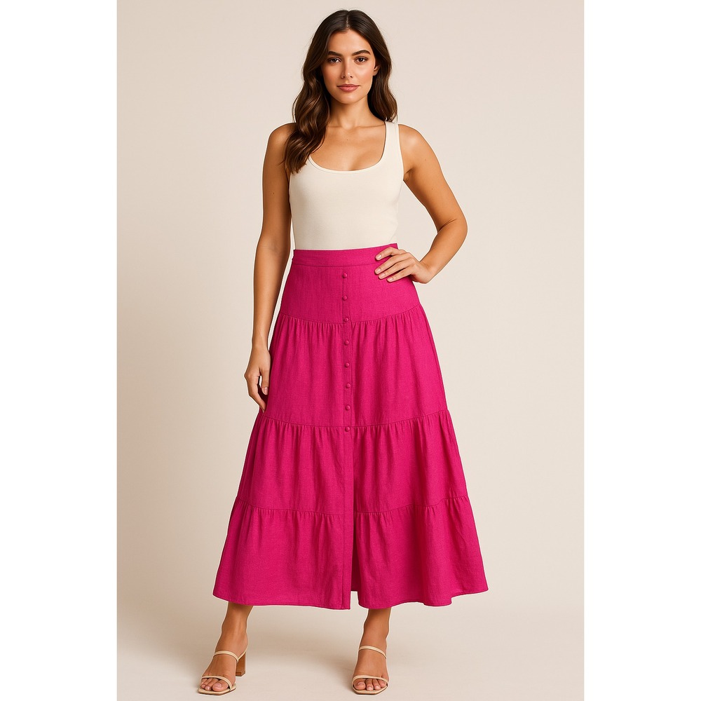 Japna Linen Skirt Womens M Hot Pink Button Tiered Midi Skirt Coquette Lagenlook